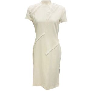 ALTUZARRA WHITE FRINGED SHORT SLEEVED LINEN MIDI DRESS